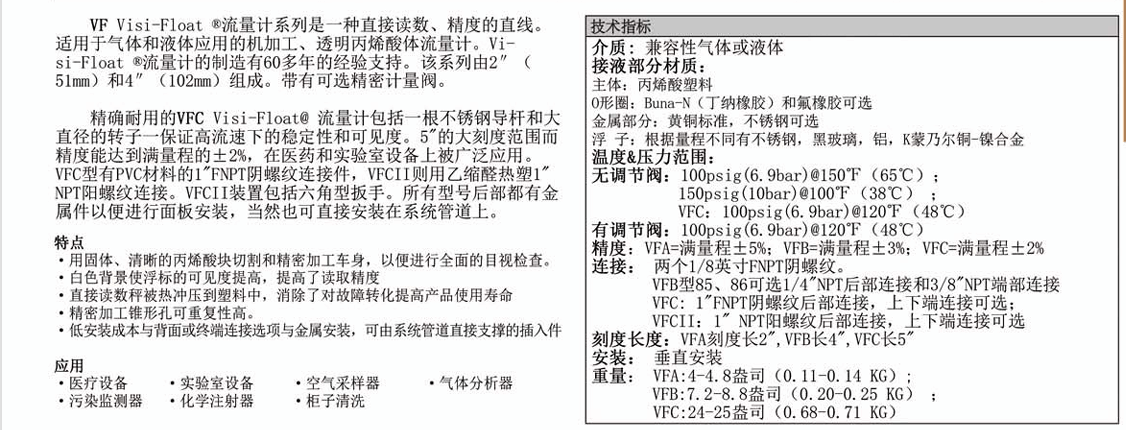 DWYER德威尔 VF系列 浮子流量计参数